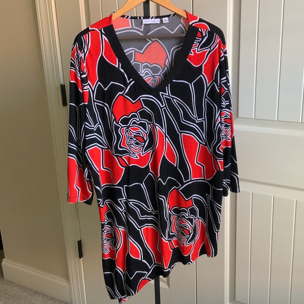 Susan Graver plus size orange/white/black floral asymmetrical hemline tunic 2x